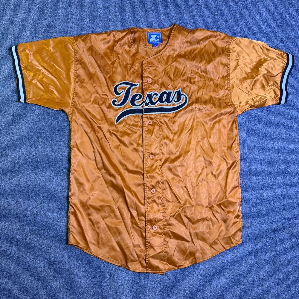 Vintage Starter Texas Baseball Jersey Burnt Orange Satin Button Up Mens Large